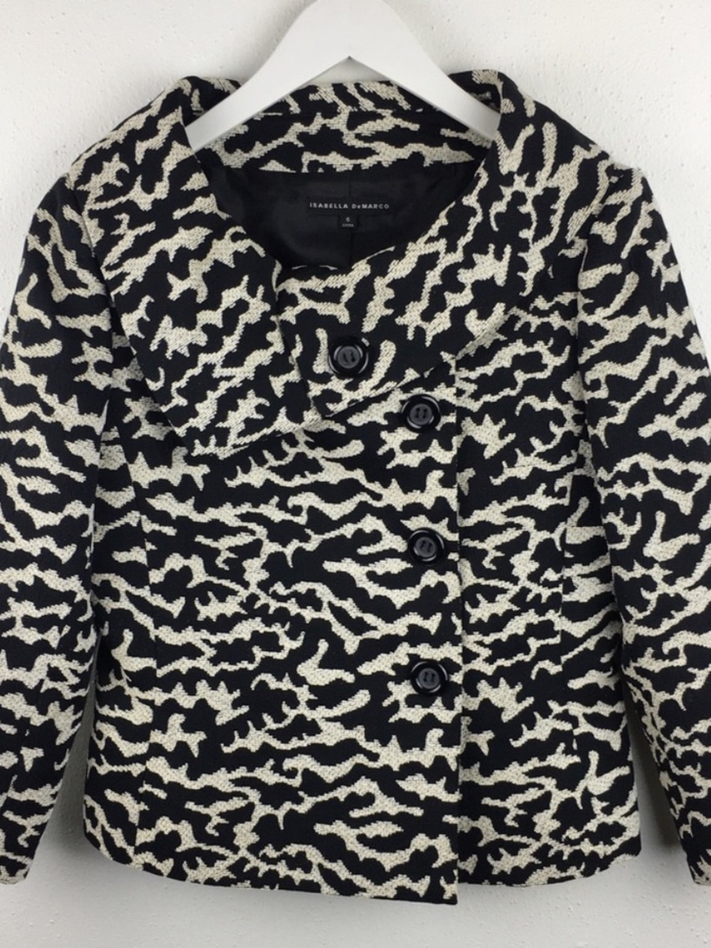 Women's Patterned Asymmetrical Button Jacket - Black & Cream - Picture 2 of 8